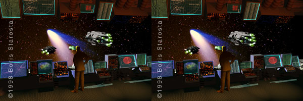 Looking past instruments on bridge of starcruiser one sees Comet Hale-Bopp