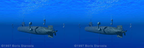 submarine navigates a minefield of floating telephone handsets